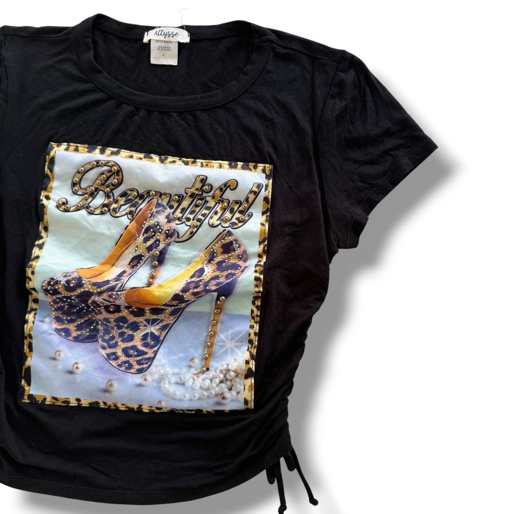 Allysse Sz. S Black Leopard Heel Studded Rhinestone Ruched Graphic Crop Tee Boho